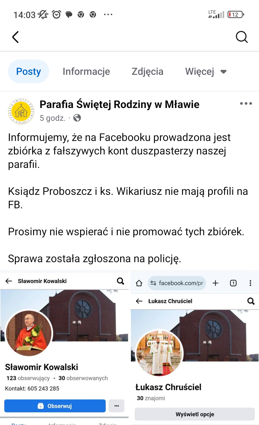 Uwaga! Oszuści podszywają się pod księży z Parafii Świętej Rodziny w Mławie.Na fałszywych kontach FB duszpasterzy wyłudzają pieniądze na zbiórkę dla chorych dzieci