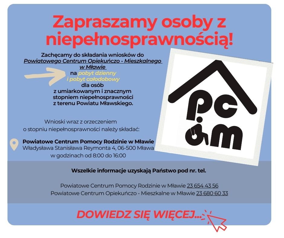 Powiatowe Centrum Opiekuńczo-Mieszkalne w Mławie zaprasza do składania wniosków na pobyt dzienny lub pobyt całodobowy
