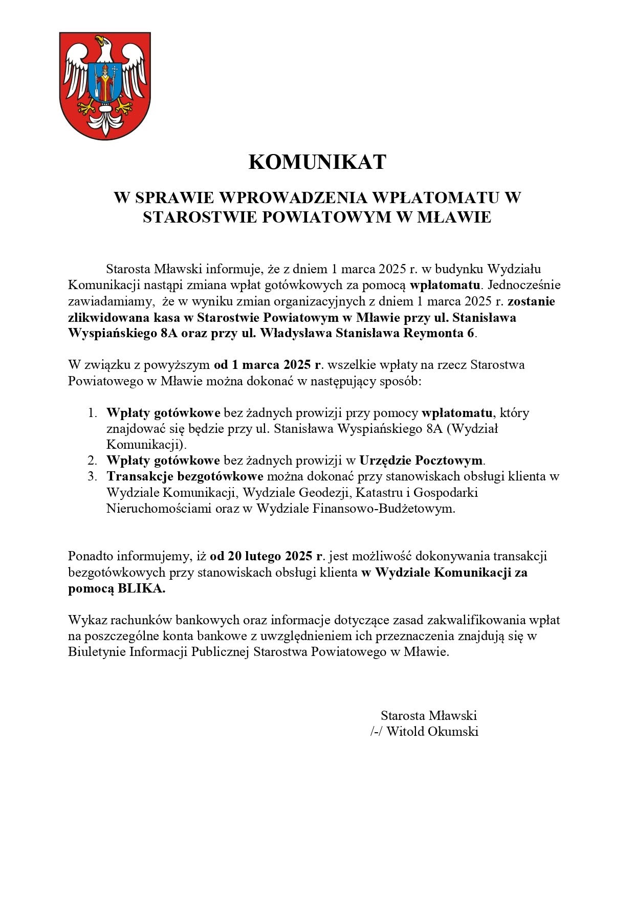 Likwidacja kasy w Starostwie Powiatowym w Mławie 