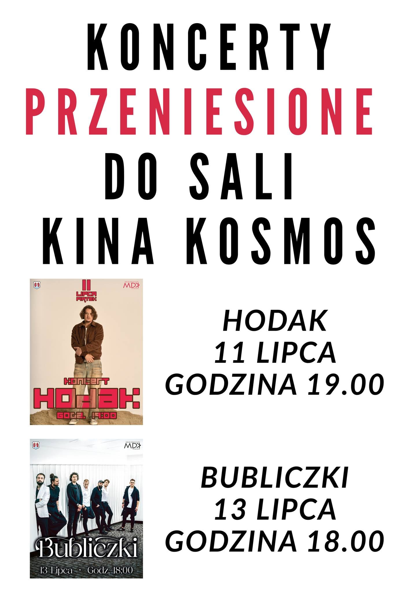 Zmiana miejsca koncertów podczas Dni Mławy 2025! HODAK i BUBLICZKI wystąpią w kinie Kosmos
